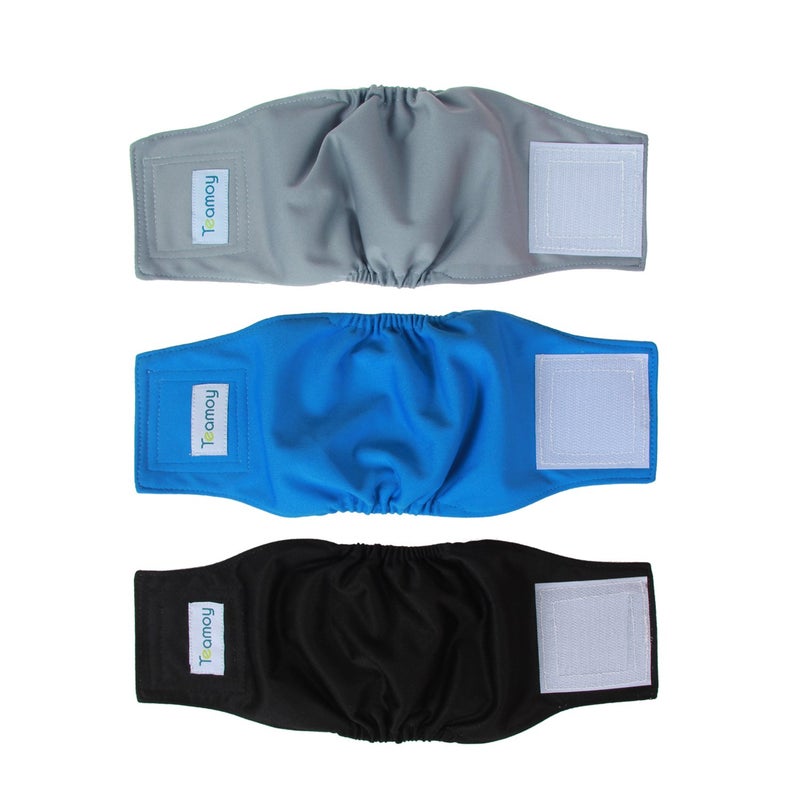 Teamoy Reusable Wrap Diapers for Male Dogs, Washable Puppy Belly Band Pack of 3 (XS, 7"-9" Waist, Black+ Gray+ Lake Blue) - Image 1